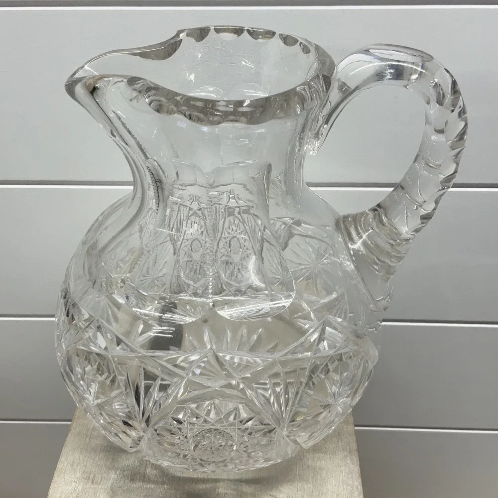 Vintage American Brilliant Style Cut Glass Pitcher Starburst Diamond Clear 8in